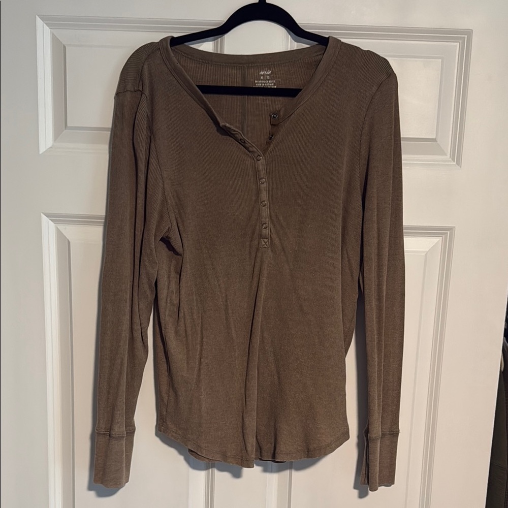 Brown/Green Long Sleeve Henley Top